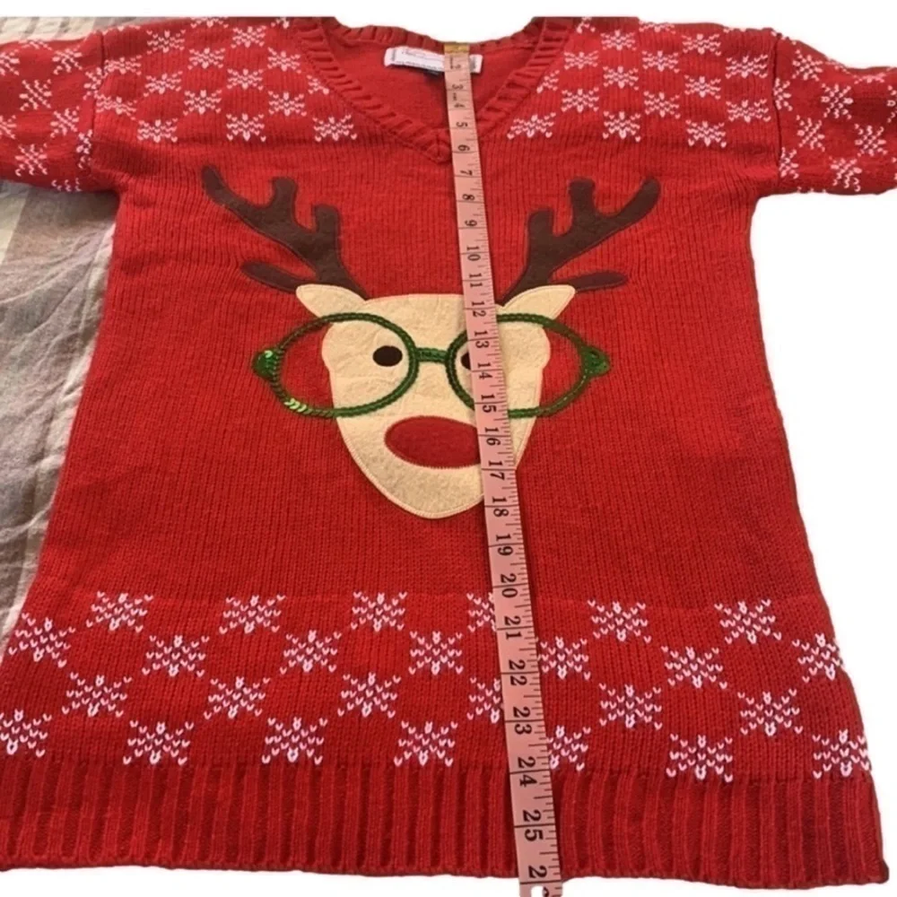 Tiara International Reindeer w/ Sequin Glasses Christmas Knit Red Sweater - Picture 7 of 9